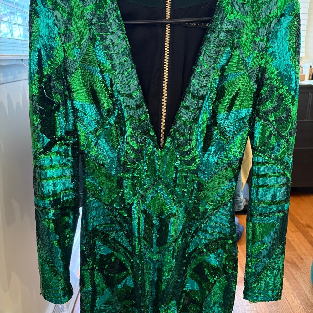 BALMAIN x H&M Green Sequin V-Neck Dress